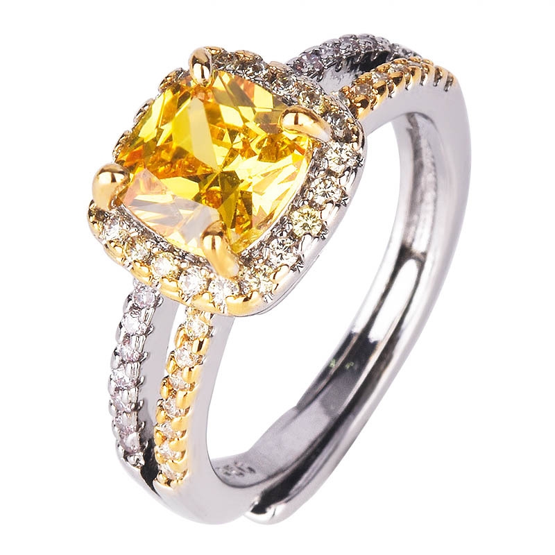 Creative Double-Layer Open Ring with Princess-Cut Simulated Yellow Diamond and Full Pavé Setting