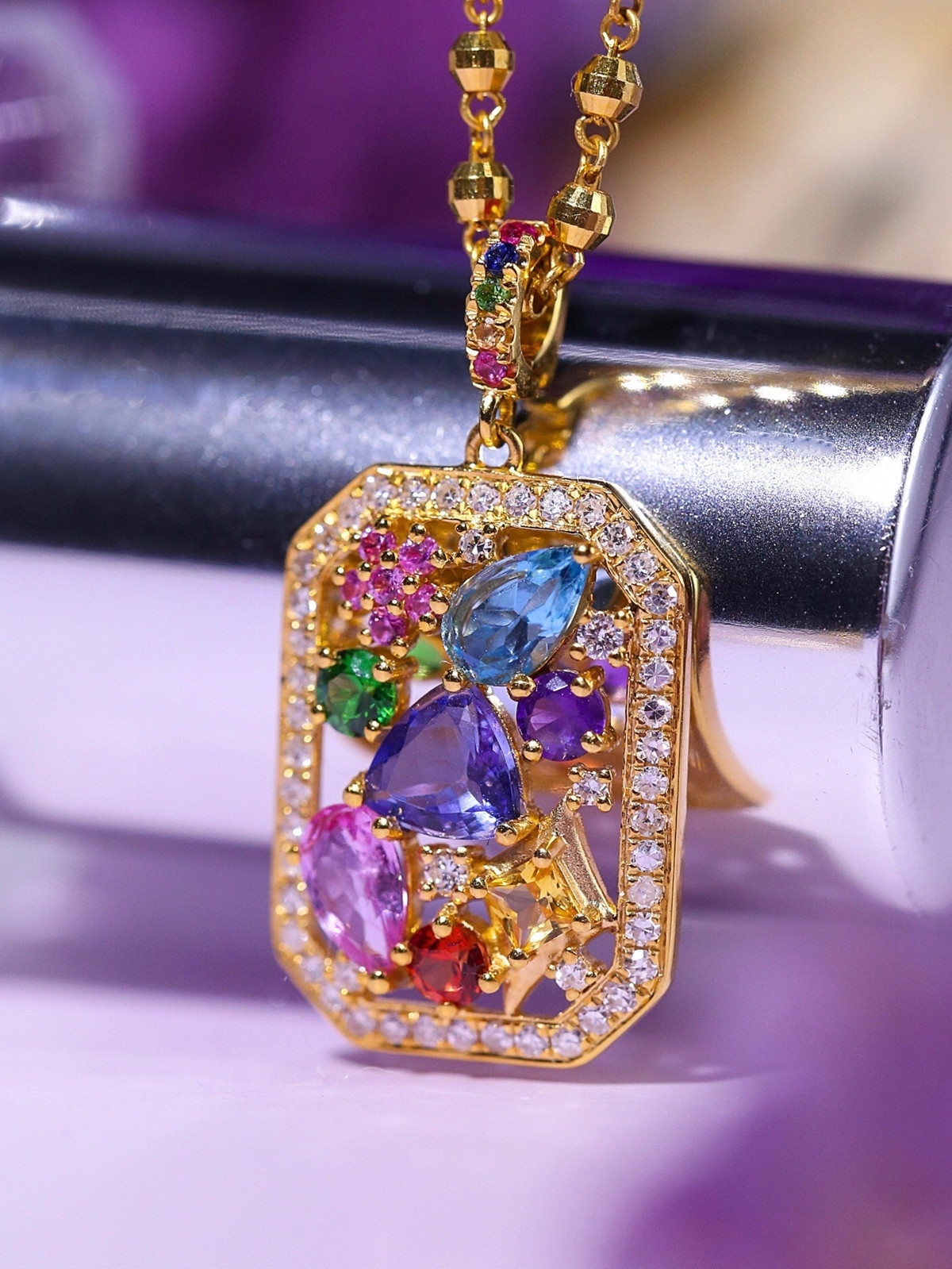 Internet celebrity secret garden set romantic colorful treasure ring fully inlaid with 18K gold Tanzanite pendant for women