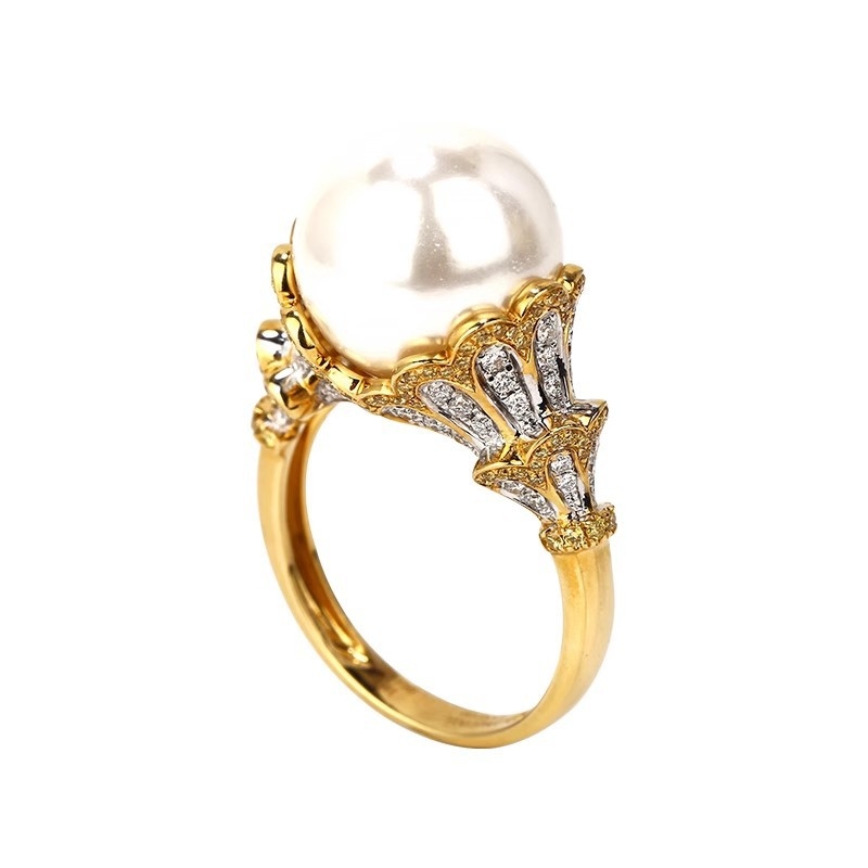 Italian woven pattern carved gold lace ins two tone gold inlaid with diamonds, Australian treasure pearl ring, Bratti women's