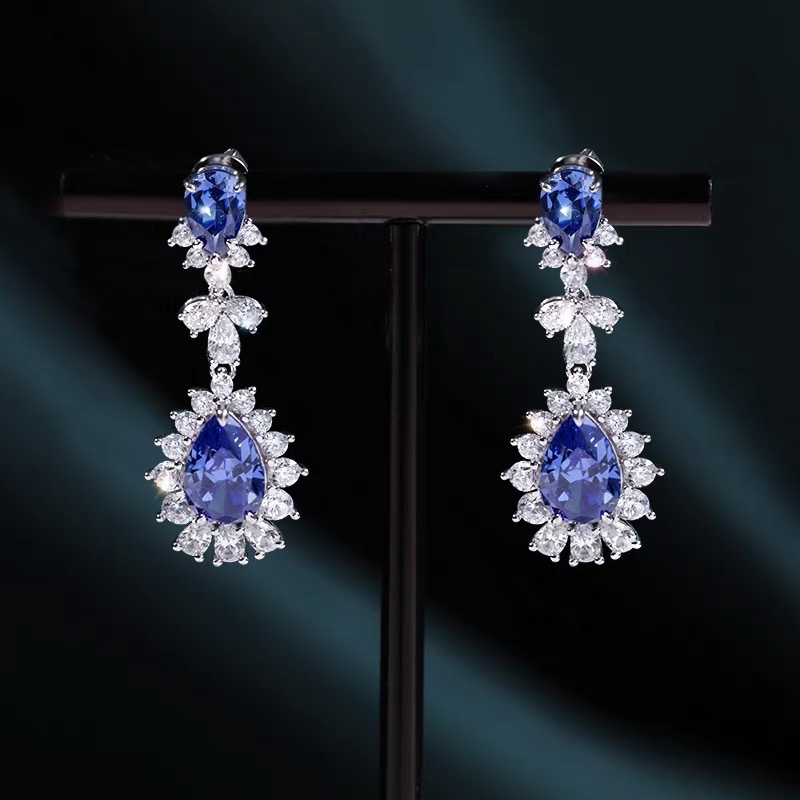 Jewelry Luxury Set, European and American Color Treasure Zircon Necklace, Tanzanine Blue Diamond Earrings, Drip Rings for Women