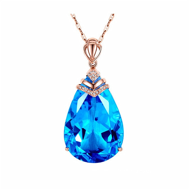 Large naked stone pear shaped sapphire pendant, sapphire crystal collarbone chain, rose gold topaz necklace