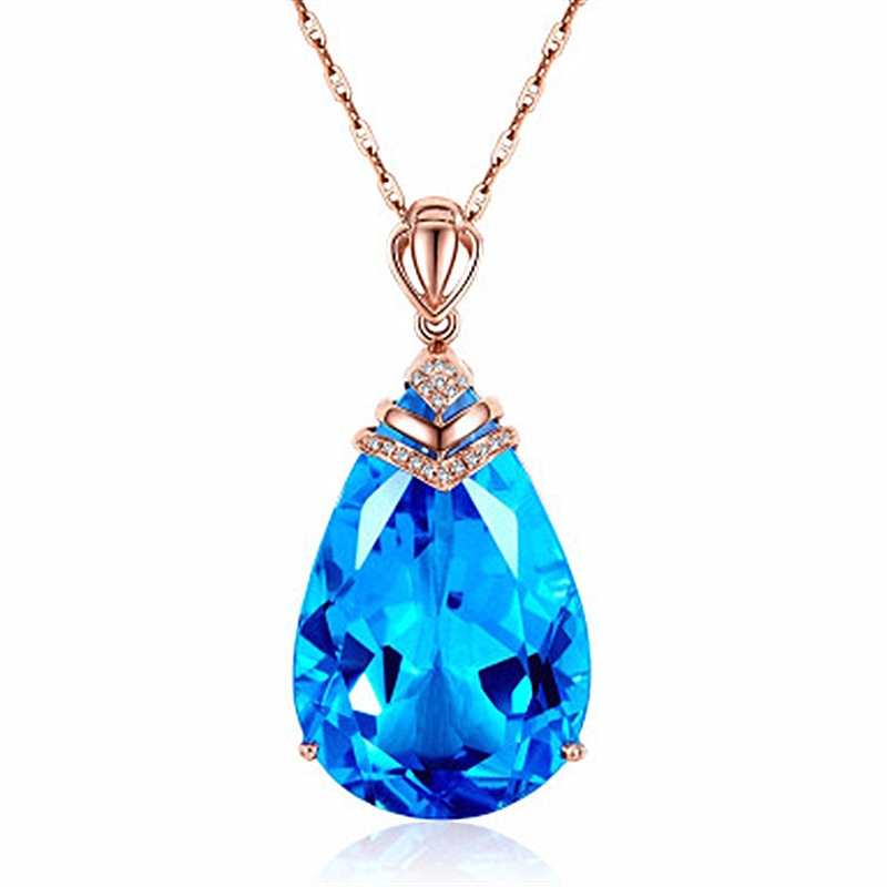 Large naked stone pear shaped sapphire pendant, sapphire crystal collarbone chain, rose gold topaz necklace