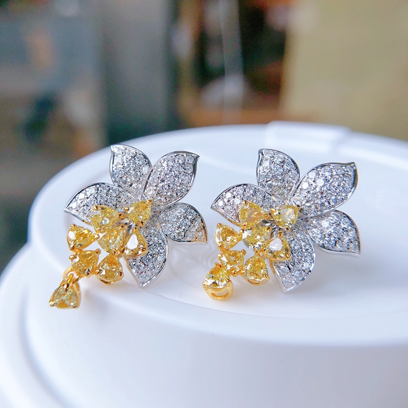 Luxurious Micro inlaid Diamond Ashcut Yellow Diamond Flower Earstuds Ins Style Customized Jewelry by Senior Designer