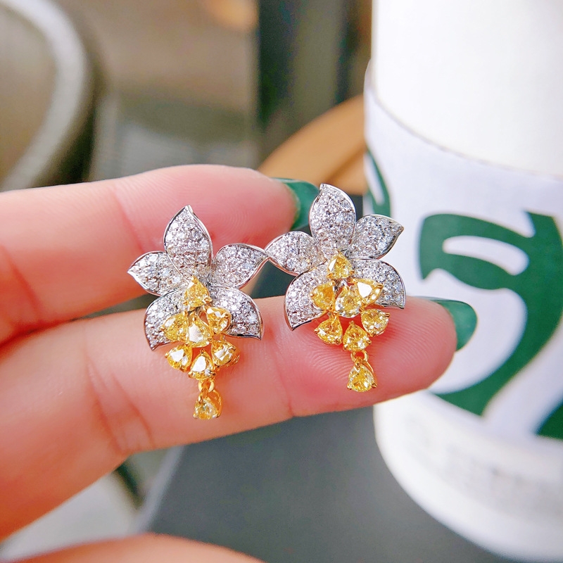 Luxurious Micro inlaid Diamond Ashcut Yellow Diamond Flower Earstuds Ins Style Customized Jewelry by Senior Designer