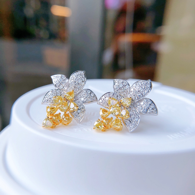 Luxurious Micro inlaid Diamond Ashcut Yellow Diamond Flower Earstuds Ins Style Customized Jewelry by Senior Designer