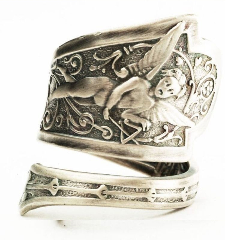 New retro Thai silver spoon ring for men, European and American angel Cupid music symbol retro ring for men