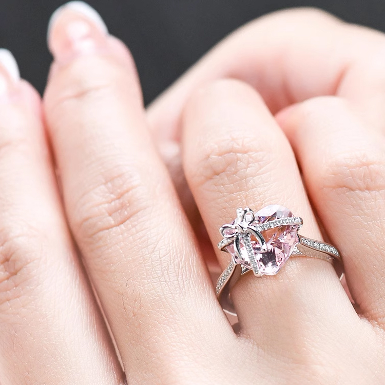 Pink and Yellow Heart-Shaped 925 Silver Adjustable Butterfly Zircon Ring