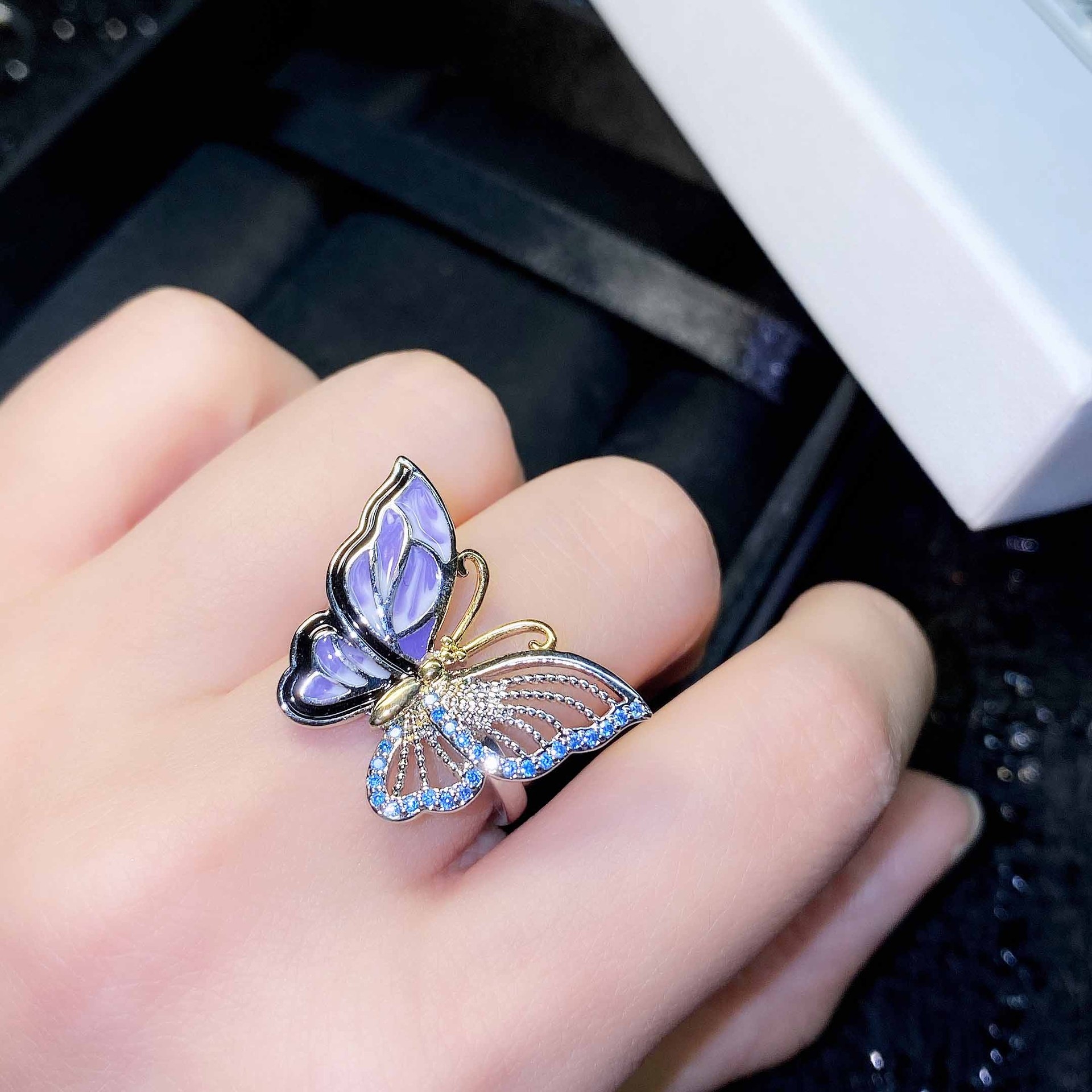 Senior designer's super fairy sweet goddess exquisite ins hollow out diamond inlaid enamel butterfly ring for women