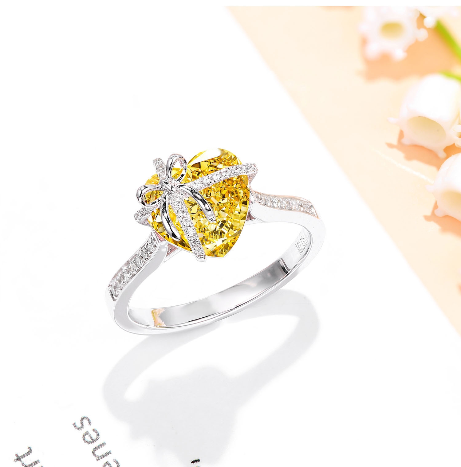 Pink and Yellow Heart-Shaped 925 Silver Adjustable Butterfly Zircon Ring