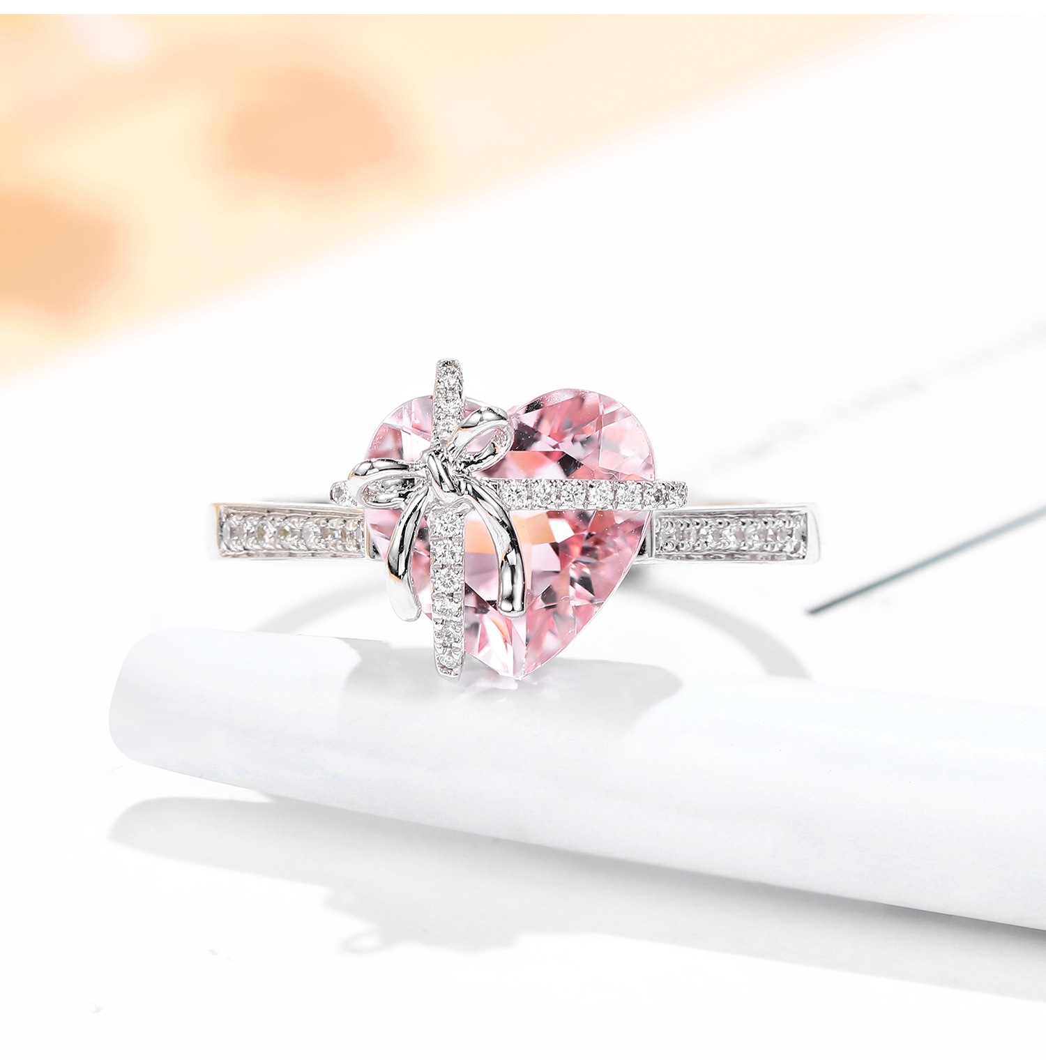 Pink and Yellow Heart-Shaped 925 Silver Adjustable Butterfly Zircon Ring