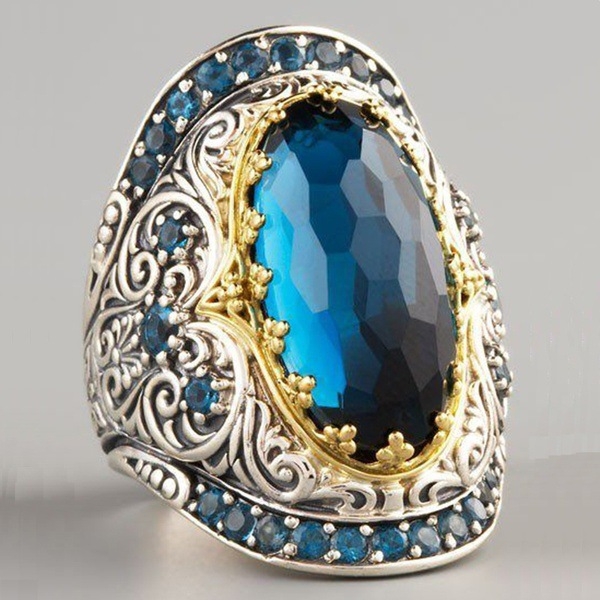 New 18K Gold-Plated Ring with Topaz Stones and Diamonds in Two-Tone Design