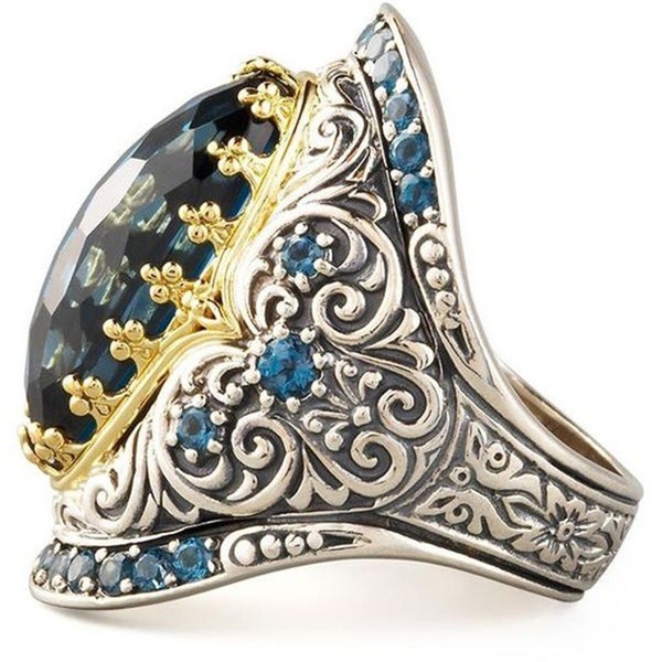 New 18K Gold-Plated Ring with Topaz Stones and Diamonds in Two-Tone Design