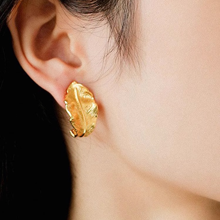 Italian handmade hammered leaf texture 18K gold leaf stud earrings