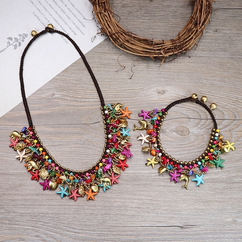 Bohemian ethnic style short necklace collarbone chain starfish tassel square foot chain set