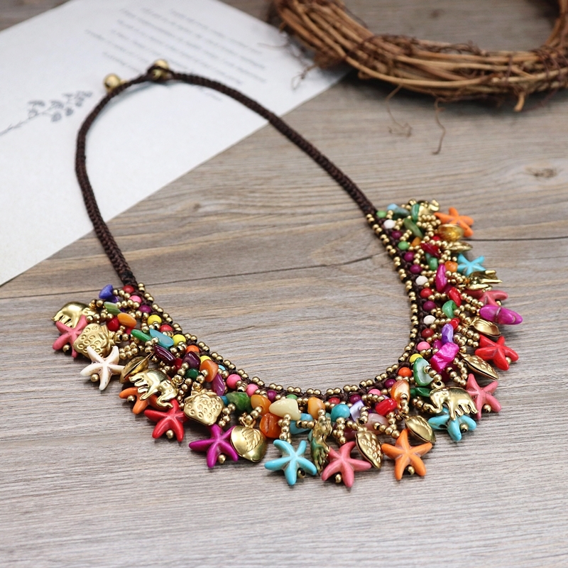 Bohemian ethnic style short necklace collarbone chain starfish tassel square foot chain set