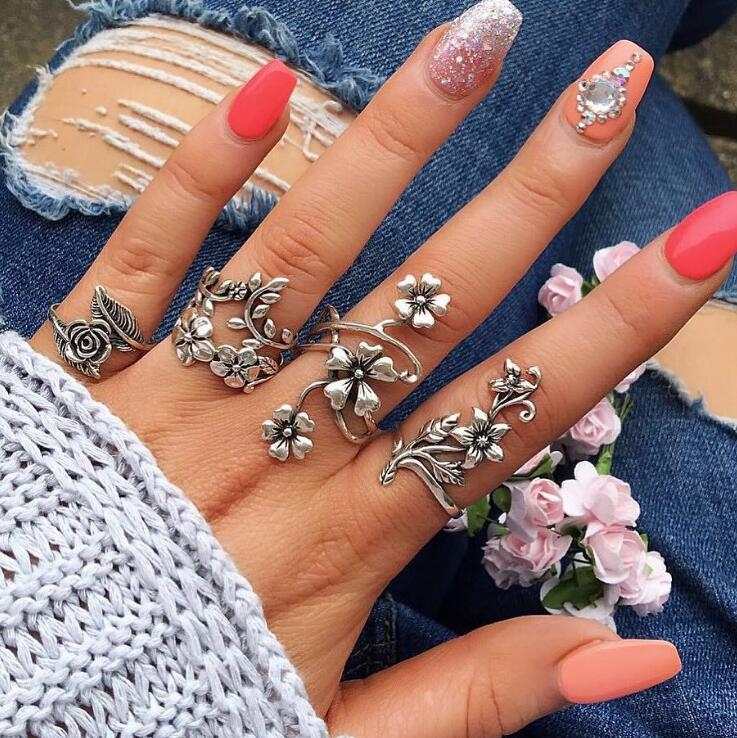 Bohemian retro metal crystal mixed ring set