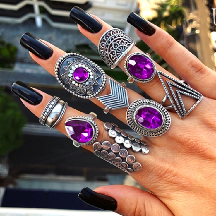 Bohemian retro metal crystal mixed ring set