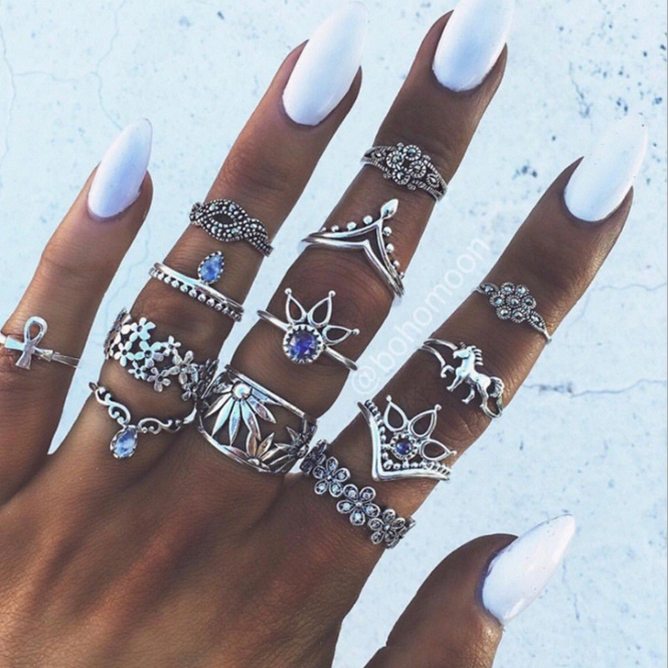 Bohemian retro metal crystal mixed ring set