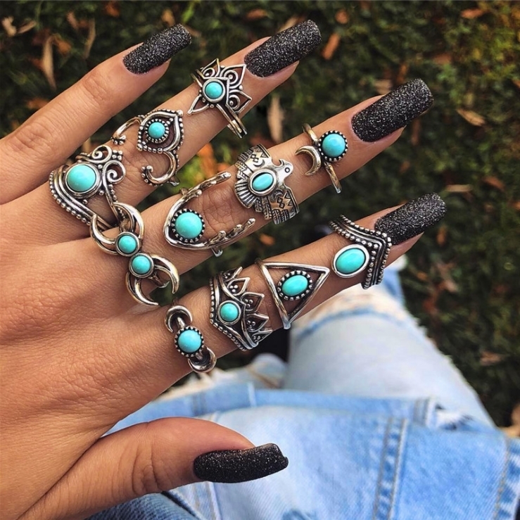 Bohemian retro metal crystal mixed ring set