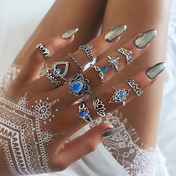 Bohemian retro metal crystal mixed ring set