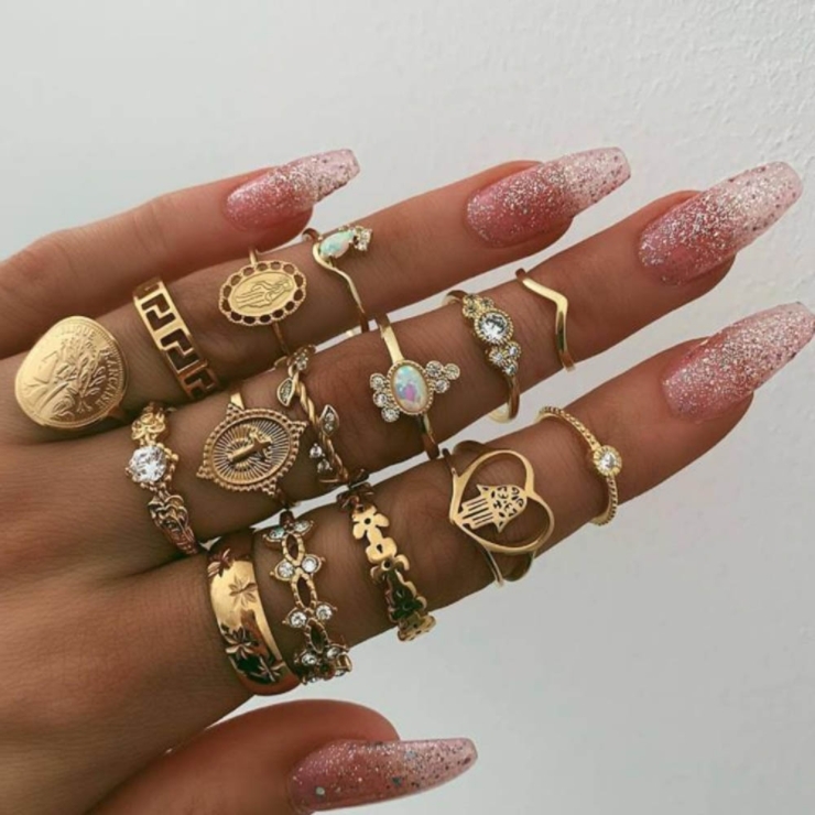 Bohemian retro metal crystal mixed ring set