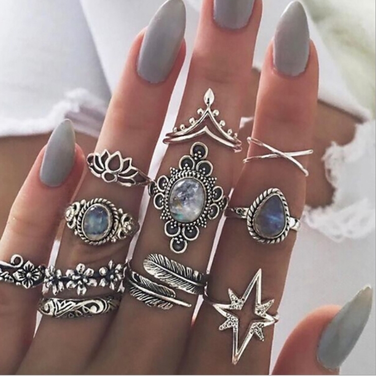 Bohemian retro metal crystal mixed ring set