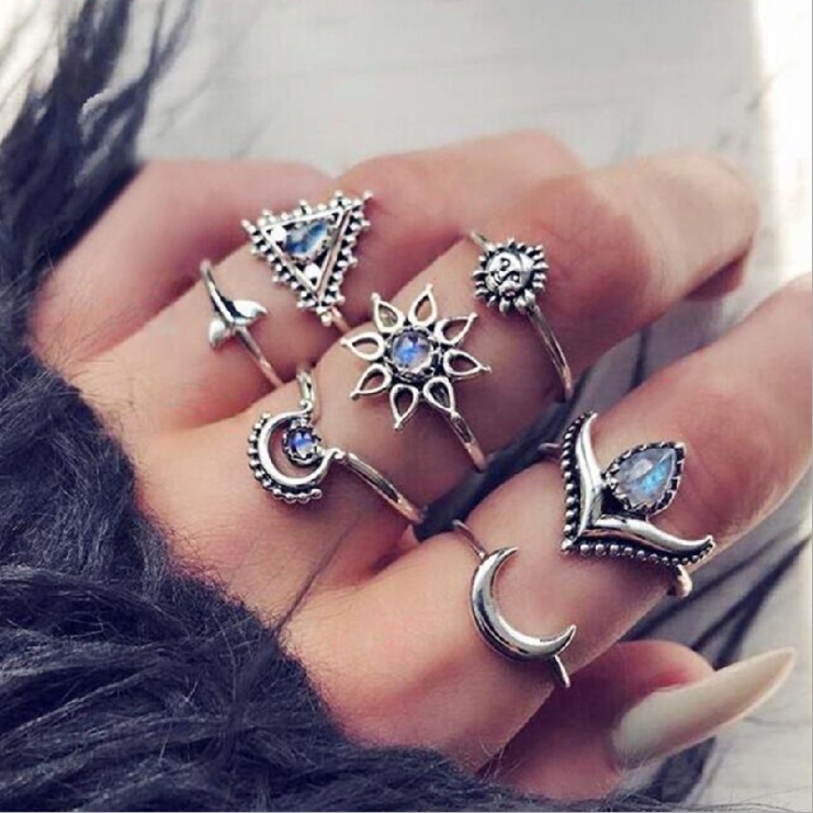 Bohemian retro metal crystal mixed ring set