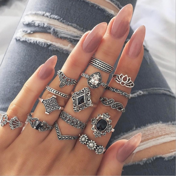 Bohemian retro metal crystal mixed ring set