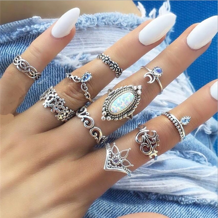 Bohemian retro metal crystal mixed ring set