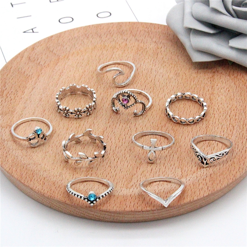 Bohemian retro metal crystal mixed ring set