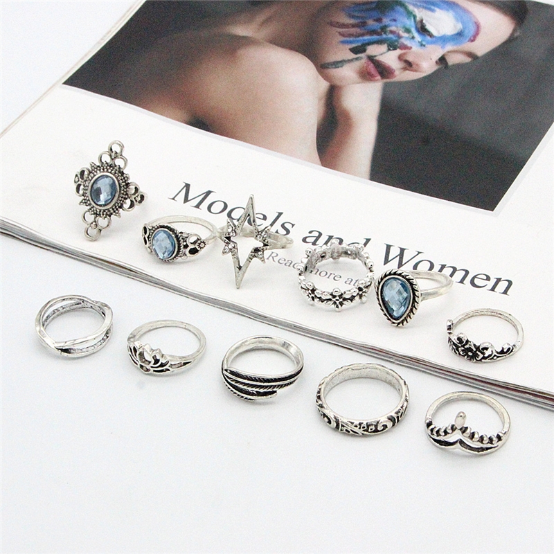 Bohemian retro metal crystal mixed ring set