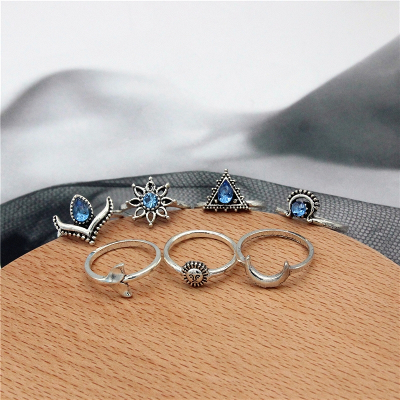 Bohemian retro metal crystal mixed ring set