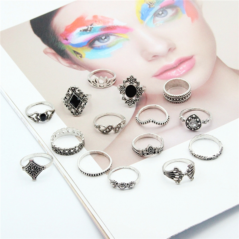 Bohemian retro metal crystal mixed ring set