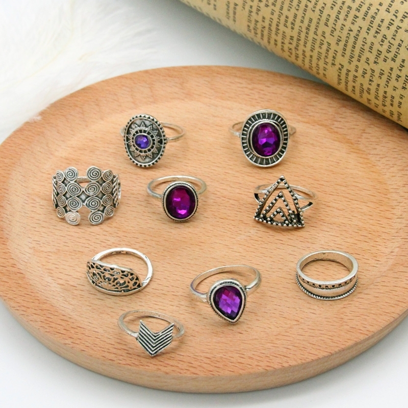 Bohemian retro metal crystal mixed ring set