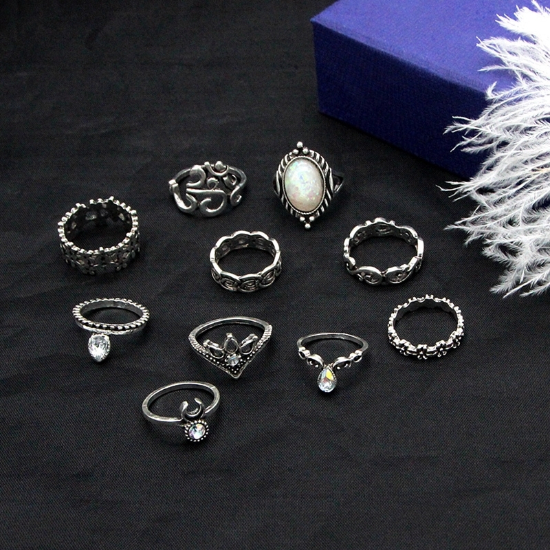 Bohemian retro metal crystal mixed ring set