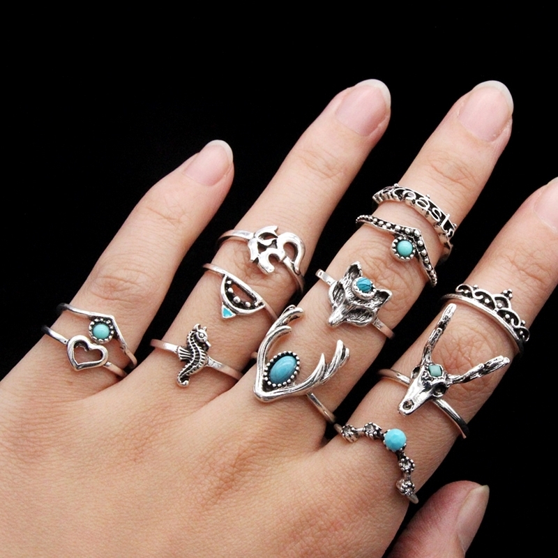 Bohemian retro metal crystal mixed ring set