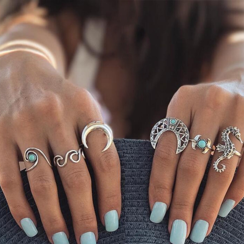 Bohemian retro metal crystal mixed ring set