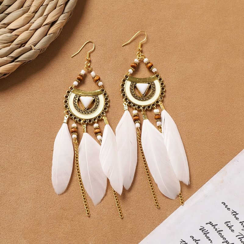 Bohemian white feather long personalized tassel earrings