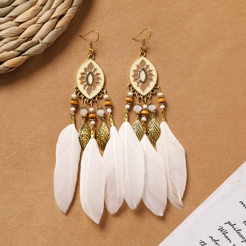 Bohemian white feather long personalized tassel earrings