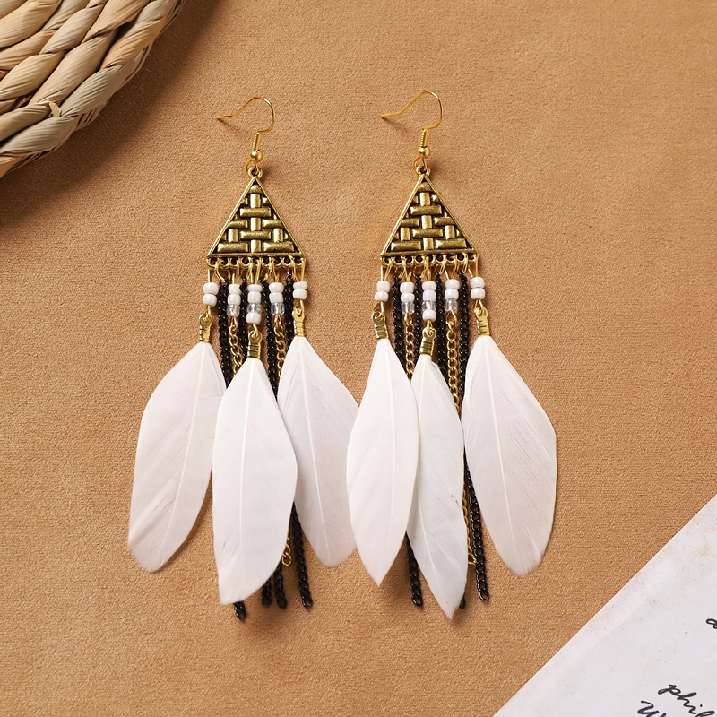 Bohemian white feather long personalized tassel earrings