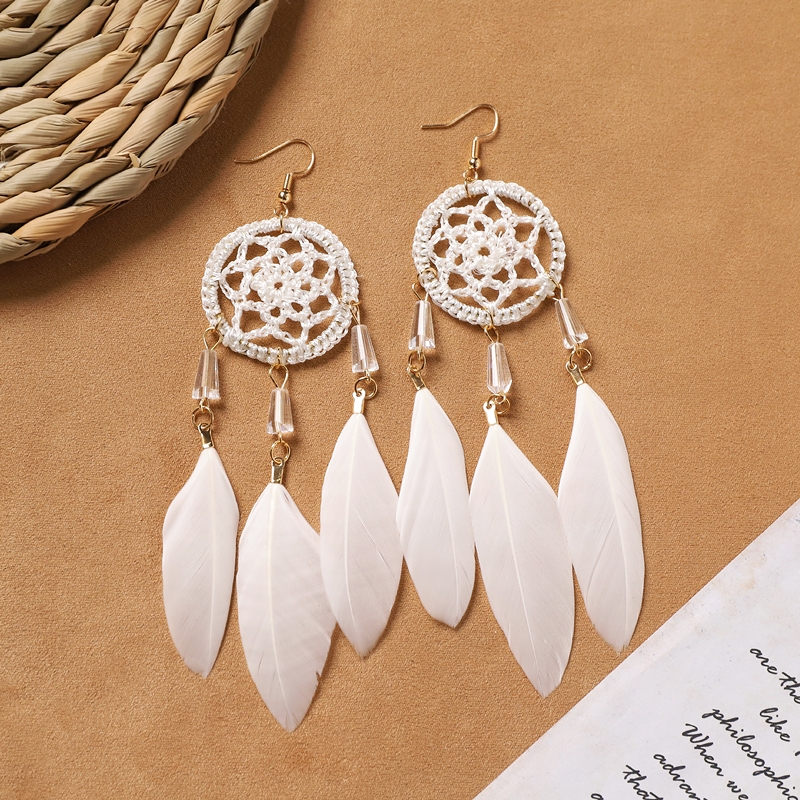 Bohemian white feather long personalized tassel earrings