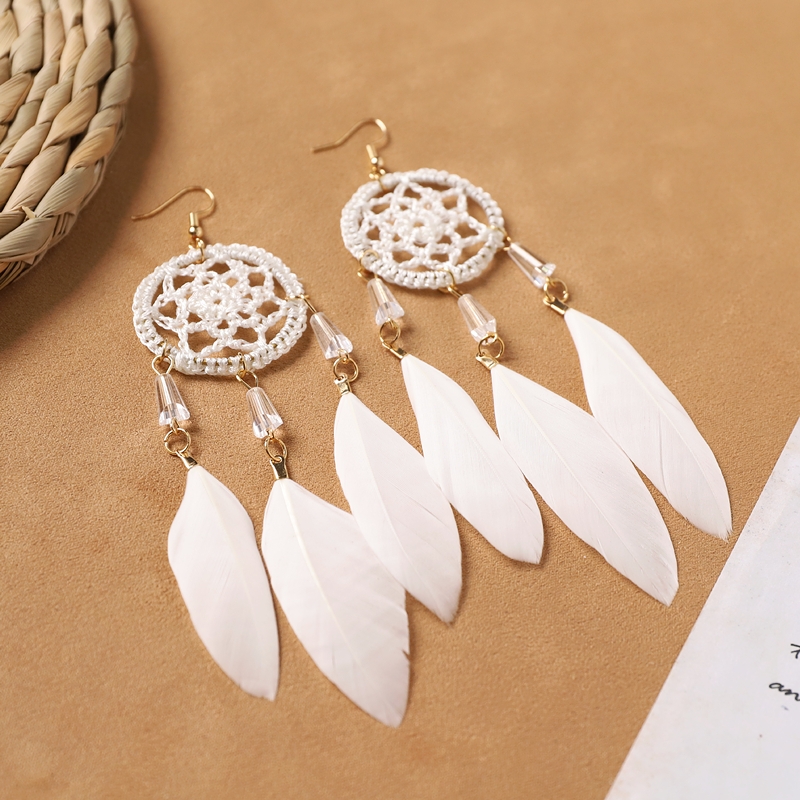 Bohemian white feather long personalized tassel earrings