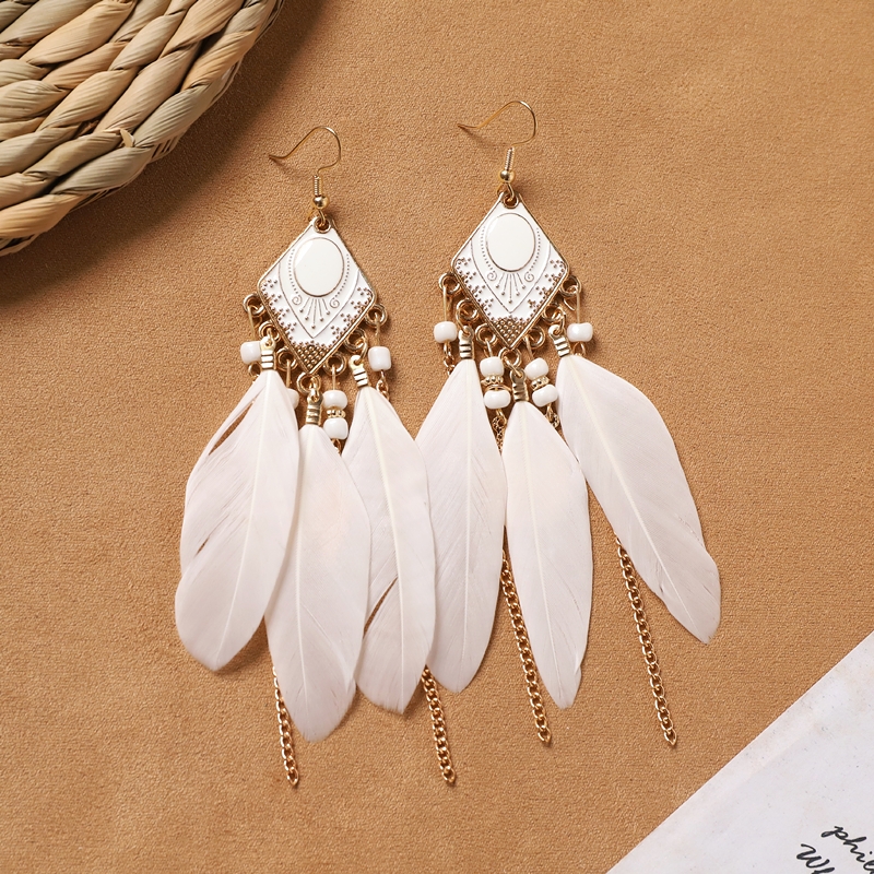 Bohemian white feather long personalized tassel earrings