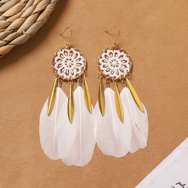 Bohemian white feather long personalized tassel earrings