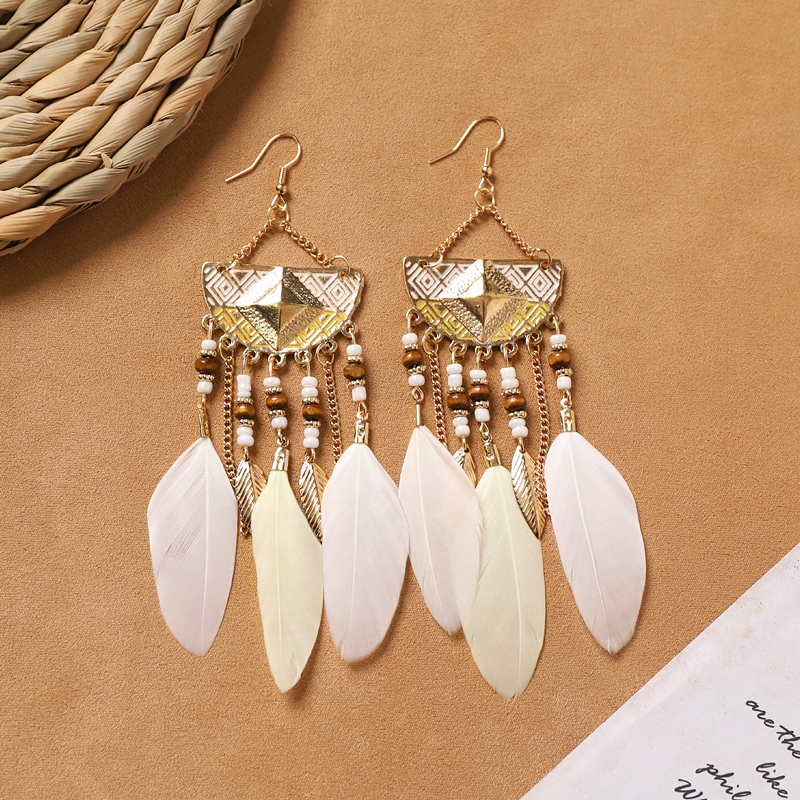 Bohemian white feather long personalized tassel earrings