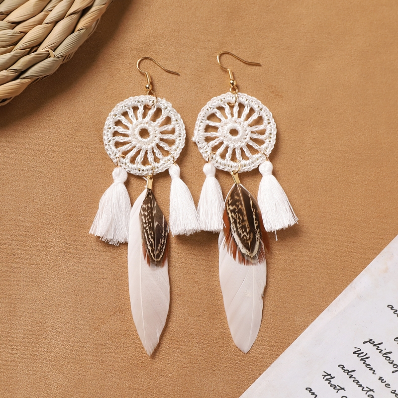 Bohemian white feather long personalized tassel earrings