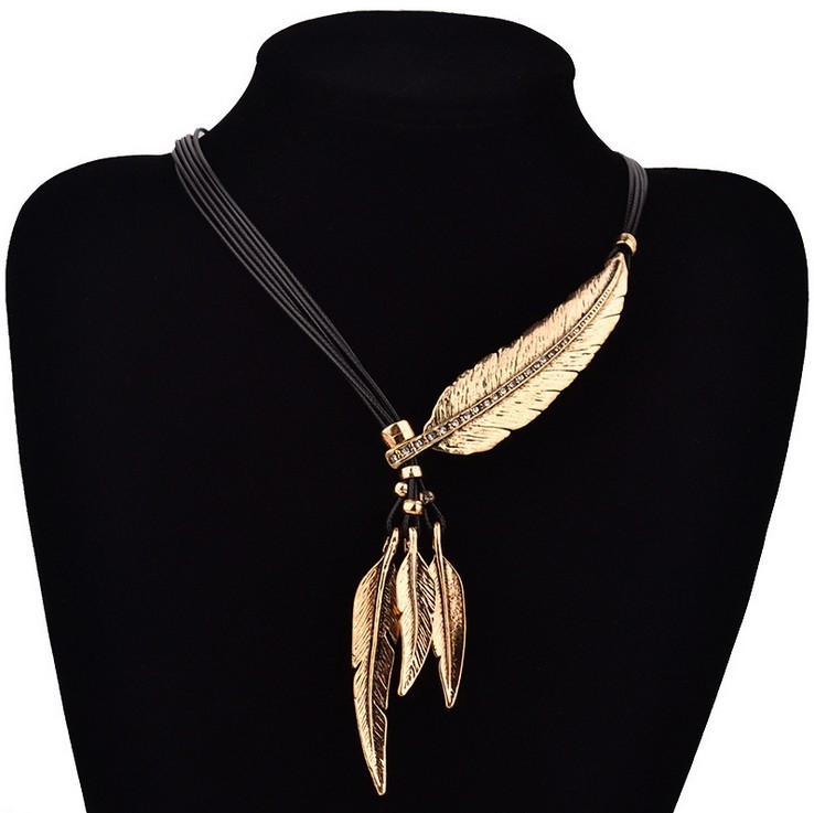 Elegant feather, leaf, diamond studded multi-layer tassel sweater necklace