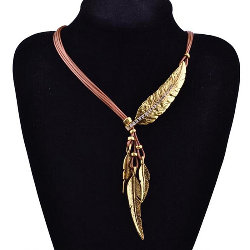 Elegant feather, leaf, diamond studded multi-layer tassel sweater necklace