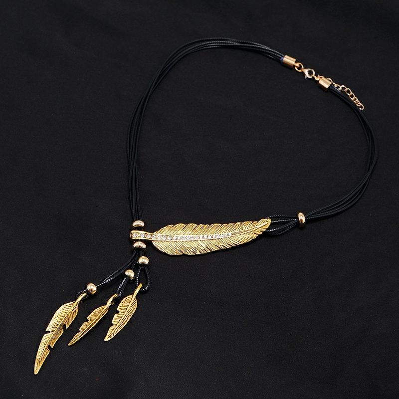 Elegant feather, leaf, diamond studded multi-layer tassel sweater necklace