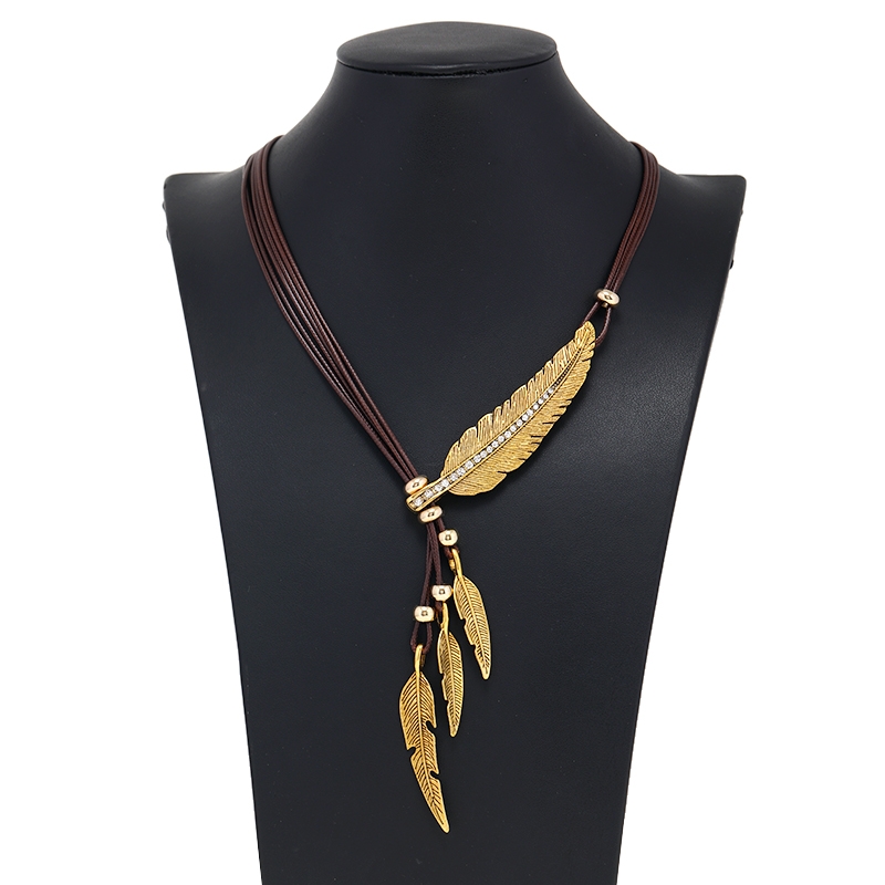 Elegant feather, leaf, diamond studded multi-layer tassel sweater necklace